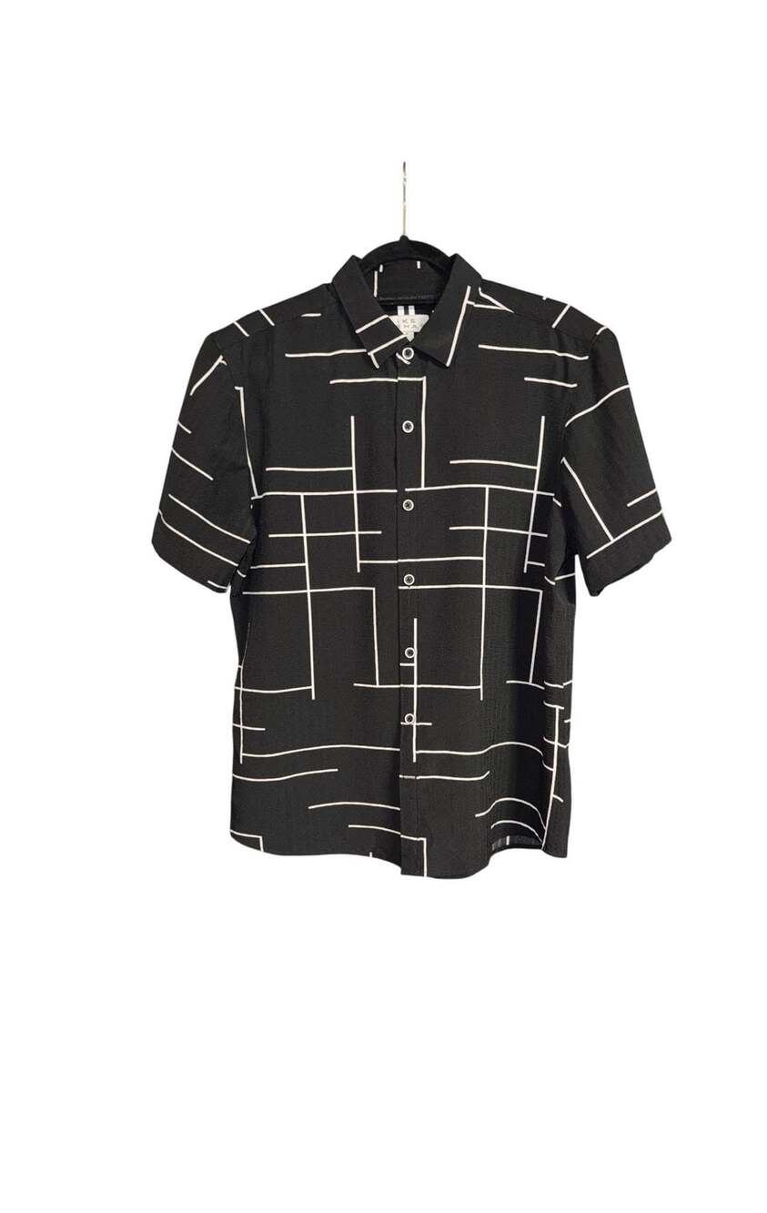 Ike Behar Short Sleeve Button-Up Shirt Size M Black Geometric